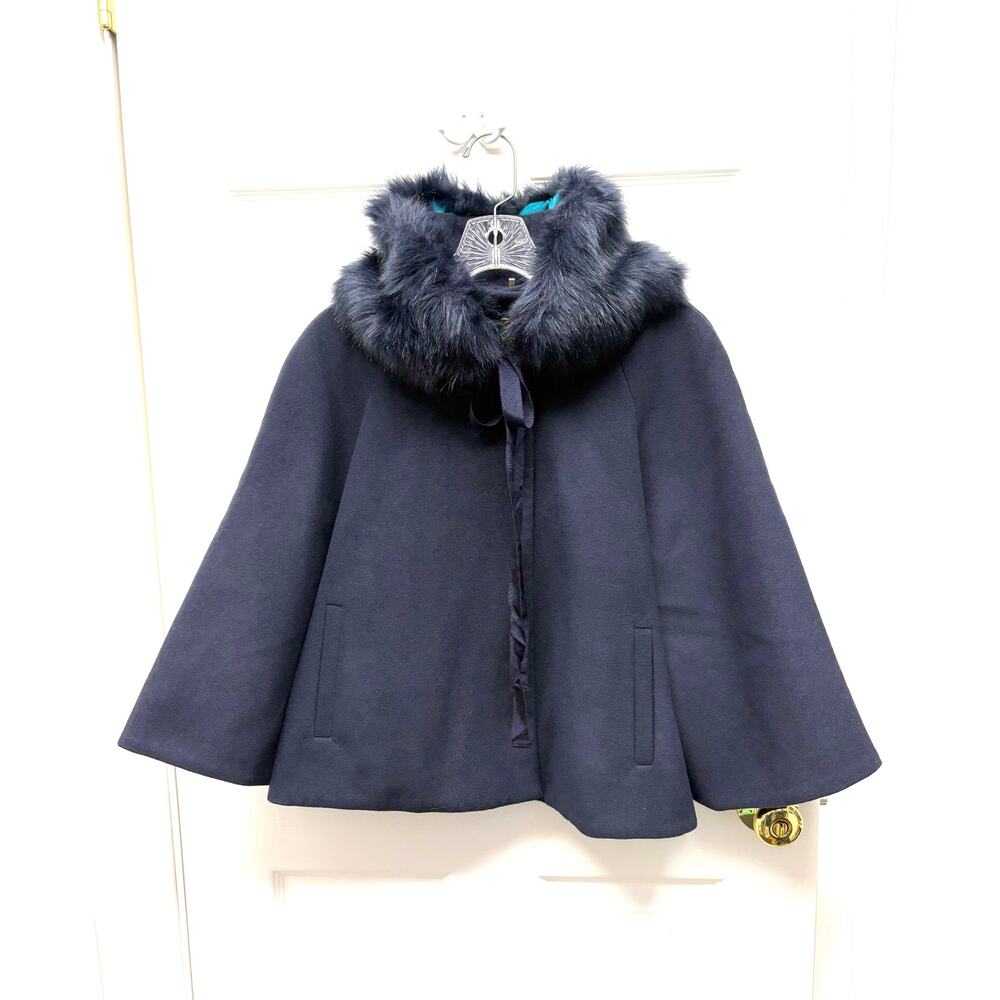 Tahari Capelet Nadja Navy L/XL Removable Faux Fur Collar Teal Satin Lined